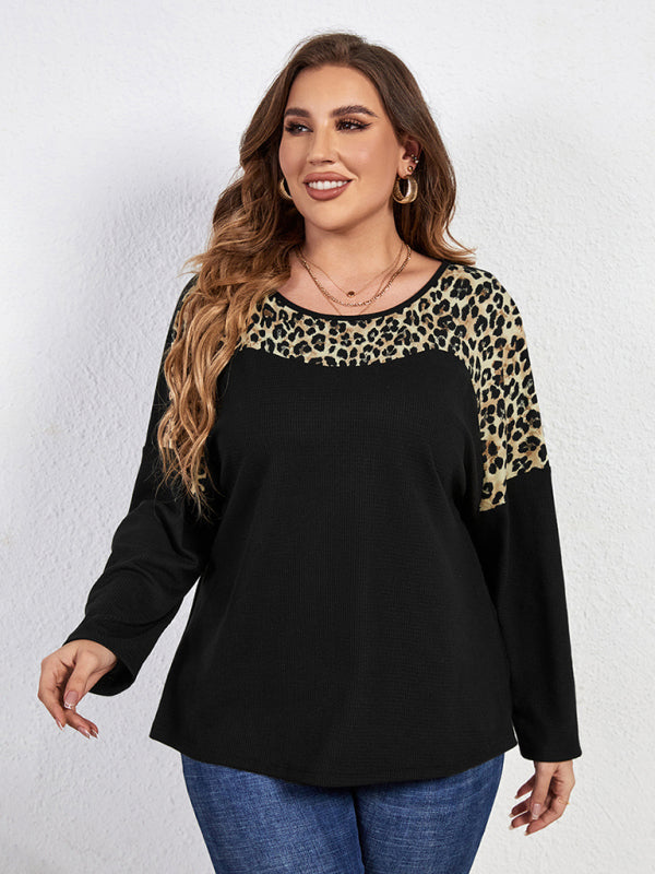 New Fashion Temperament Leopard Print Long Sleeve Round Neck Plus Size Top