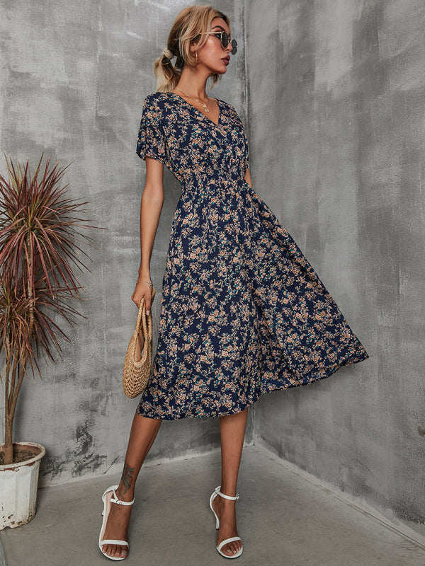 Floral Print V-Neck Vacation Midi Dress