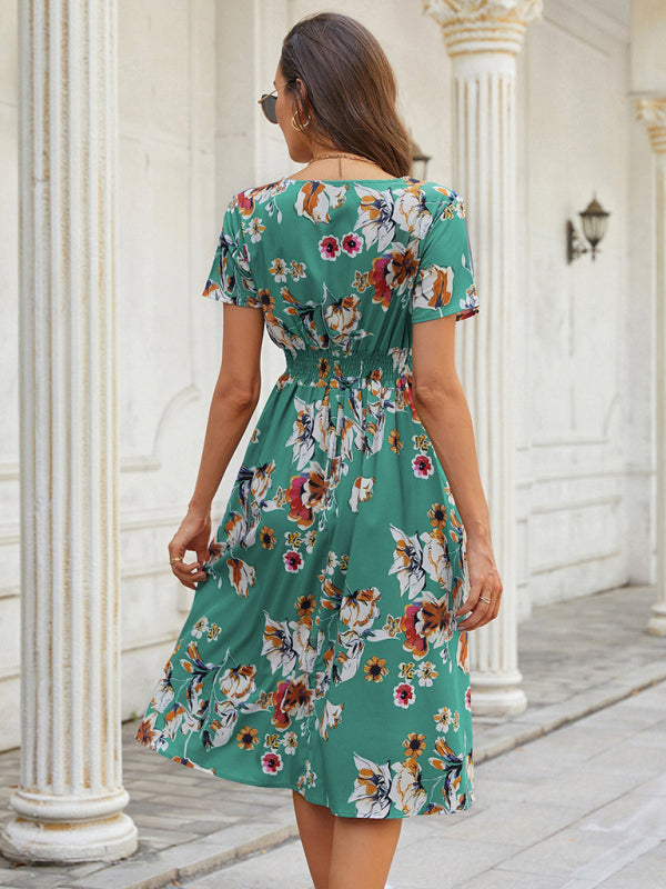Floral Print V-Neck Vacation Midi Dress