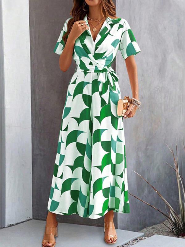 Women's Temperament Short Sleeve Contrast Color Print High Waist Jumpsuit